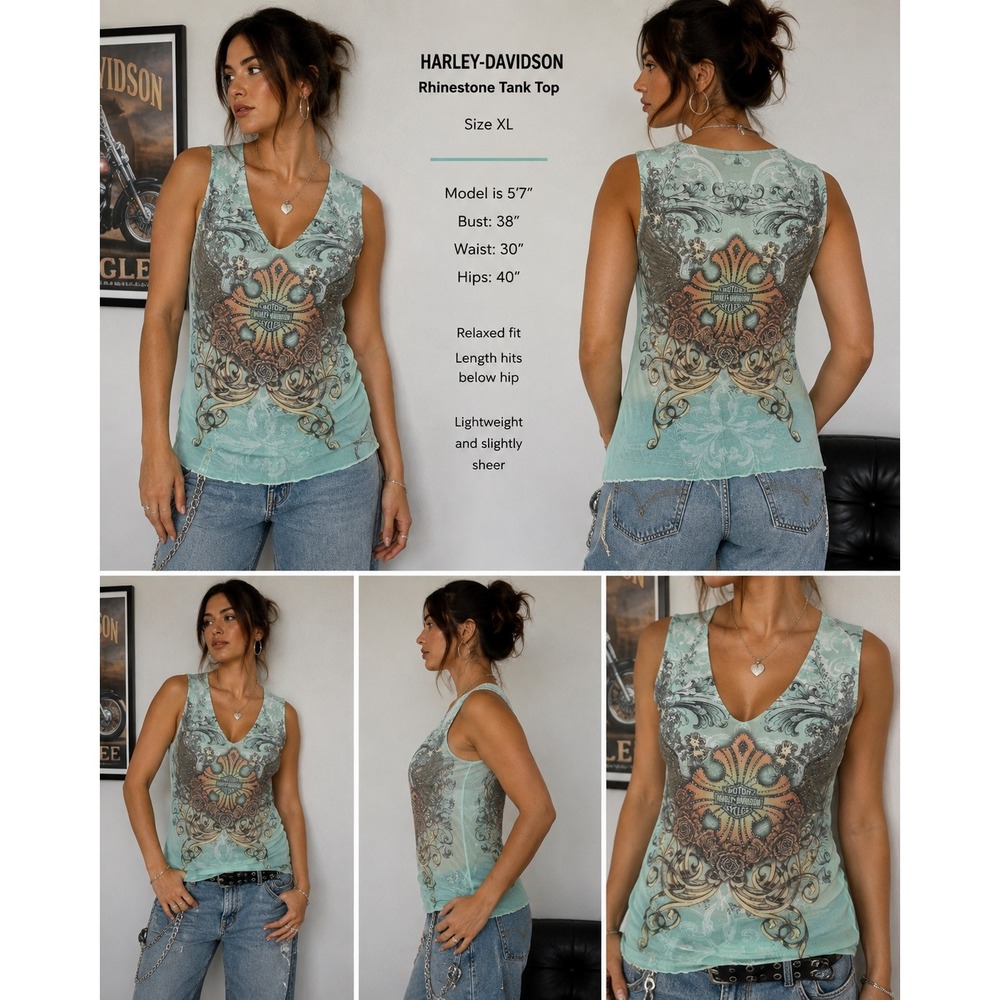 Harley-Davidson Rhinestone Winged Cross Tank Top Mint Green XL HD515-08MNT